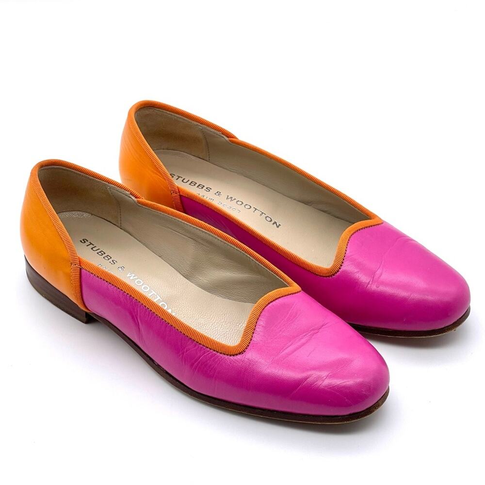 Stubbs & Wootton Palm Beach Leather Vibrant Pink and Orange Flats - Size 6